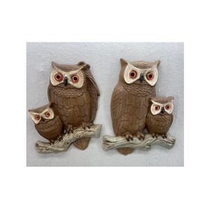 Vintage 1977 Burwood Products Owl Wall Hanging Set 2070-2 Brown Amber Eyes 70s